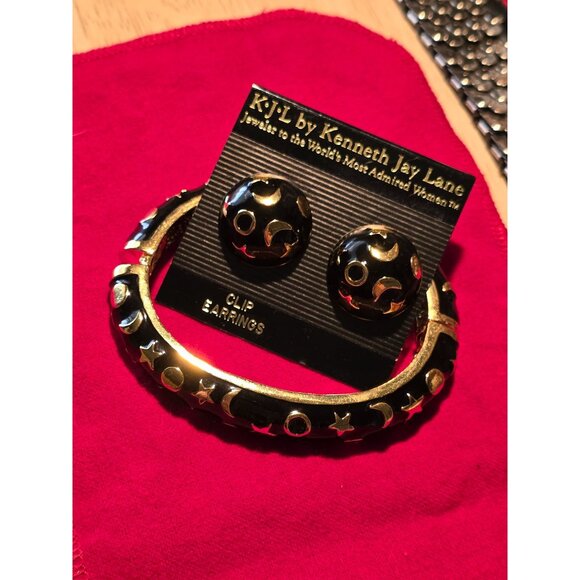Kenneth Jay Lane Gold & Black Celestial Design Clip Earrings & Bracelet Jewelry - Picture 1 of 4